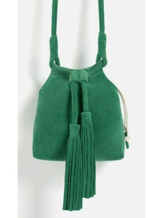 Zara Trafaluc Handbags - Zara Trafaluc Green Suede Fringe Crossbody Bag Cotton-Linen Drawstring Lining